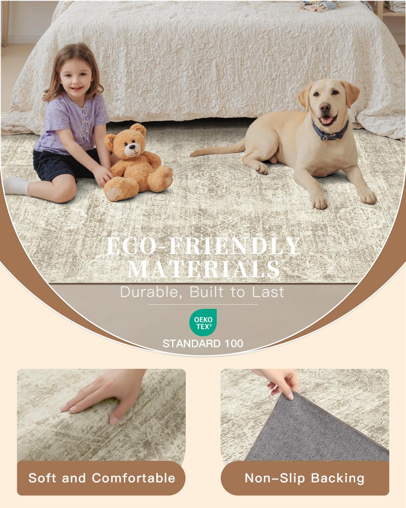 Madane 8x10 Area Rugs for Living Room, Machine Washable Vintage Beige Rug with Non-Slip Backing, Soft Throw Large Rug, Thin Carpet for Bedroom Dining Room Farmhouse Under Table - Image 5