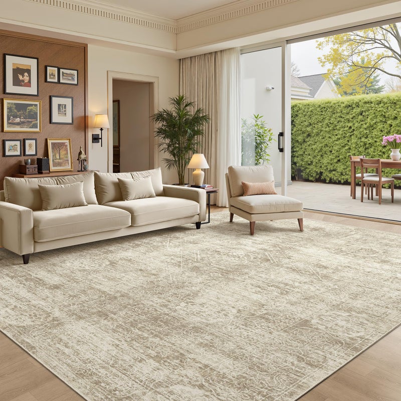 Madane 8x10 Area Rugs for Living Room, Machine Washable Vintage Beige Rug with Non-Slip Backing, Soft Throw Large Rug, Thin Carpet for Bedroom Dining Room Farmhouse Under Table - Image 1
