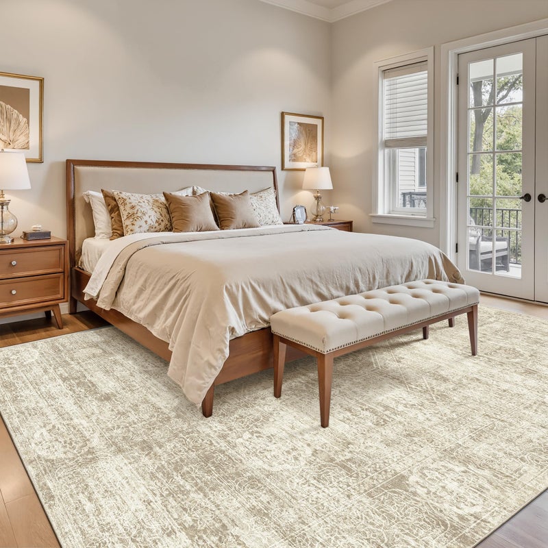 Madane 8x10 Area Rugs for Living Room, Machine Washable Vintage Beige Rug with Non-Slip Backing, Soft Throw Large Rug, Thin Carpet for Bedroom Dining Room Farmhouse Under Table - Image 3