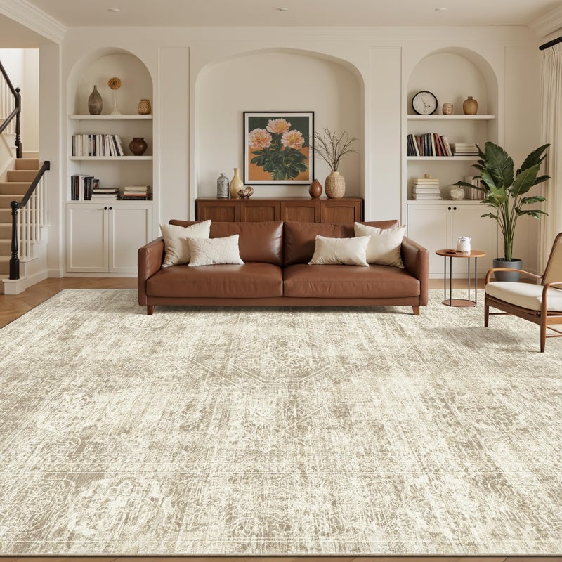 Madane 8x10 Area Rugs for Living Room, Machine Washable Vintage Beige Rug with Non-Slip Backing, Soft Throw Large Rug, Thin Carpet for Bedroom Dining Room Farmhouse Under Table - Image 2