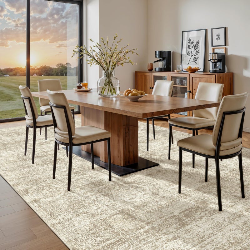 Madane 8x10 Area Rugs for Living Room, Machine Washable Vintage Beige Rug with Non-Slip Backing, Soft Throw Large Rug, Thin Carpet for Bedroom Dining Room Farmhouse Under Table - Image 4