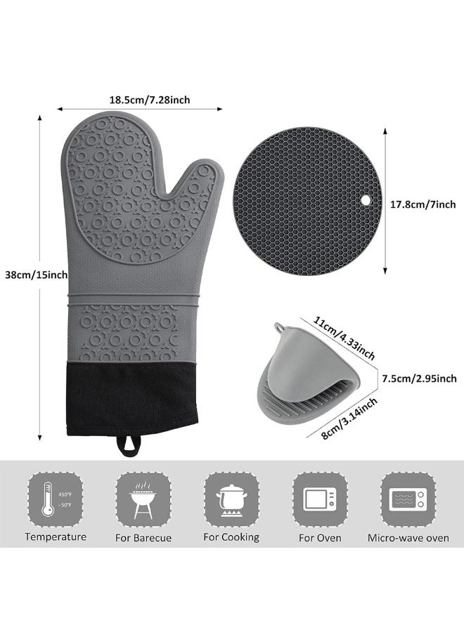 JZS Extra Long Oven Mitts and Pot Holders Sets,Heat Resistant Silicone Mittens with Mini Gloves Hot Pads Potholders for Kitchen Baking Cooking, Quilted Liner, Pack of 6,Grey - Image 2