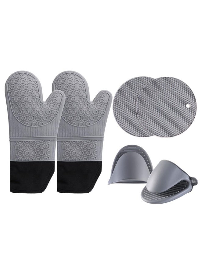 JZS Extra Long Oven Mitts and Pot Holders Sets,Heat Resistant Silicone Mittens with Mini Gloves Hot Pads Potholders for Kitchen Baking Cooking, Quilted Liner, Pack of 6,Grey - Image 1