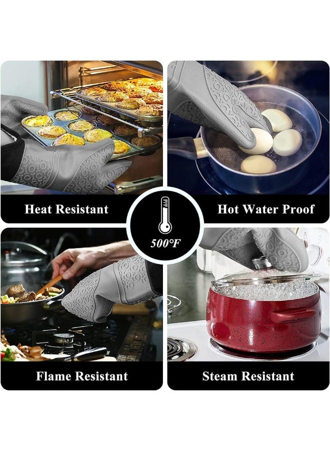 JZS Extra Long Oven Mitts and Pot Holders Sets,Heat Resistant Silicone Mittens with Mini Gloves Hot Pads Potholders for Kitchen Baking Cooking, Quilted Liner, Pack of 6,Grey - Image 4