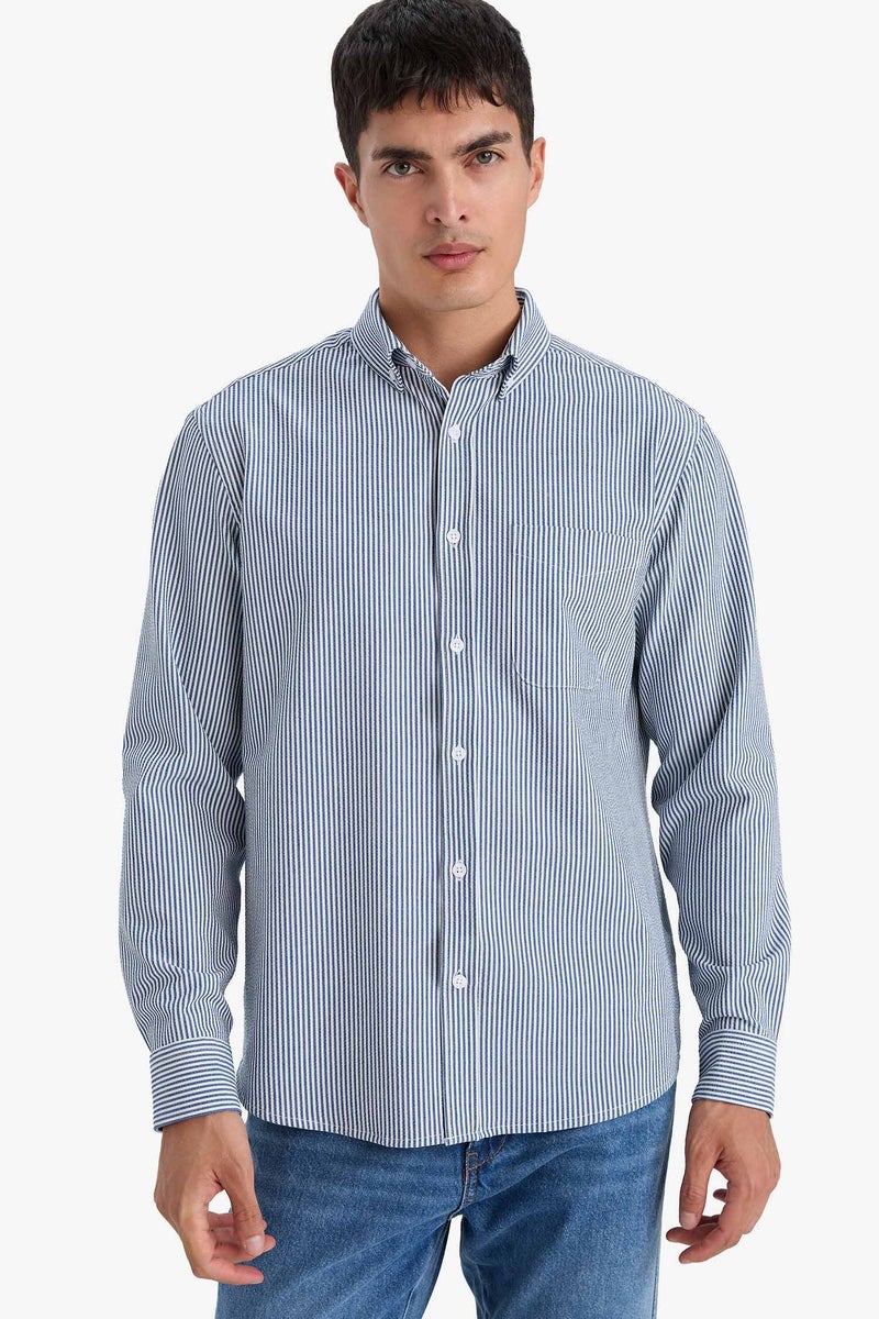 DeFacto Blue Man Regular Fit Polo Collar Crinkle Striped Shirt Casual - Image 1