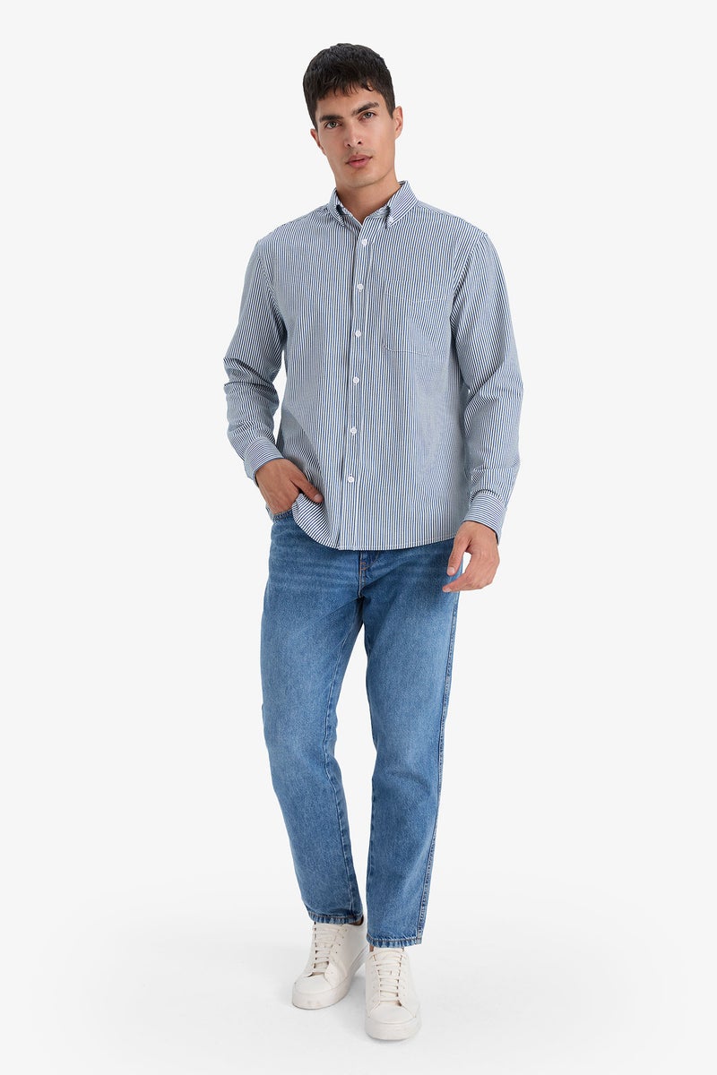 DeFacto Blue Man Regular Fit Polo Collar Crinkle Striped Shirt Casual - Image 2