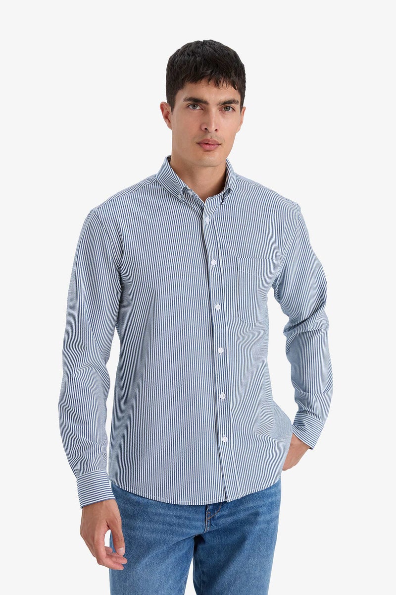 DeFacto Blue Man Regular Fit Polo Collar Crinkle Striped Shirt Casual - Image 4