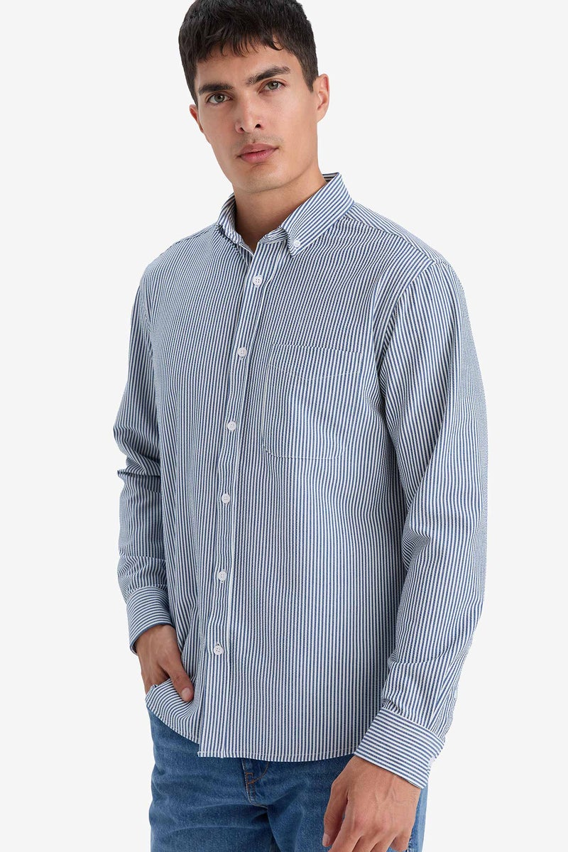DeFacto Blue Man Regular Fit Polo Collar Crinkle Striped Shirt Casual - Image 5