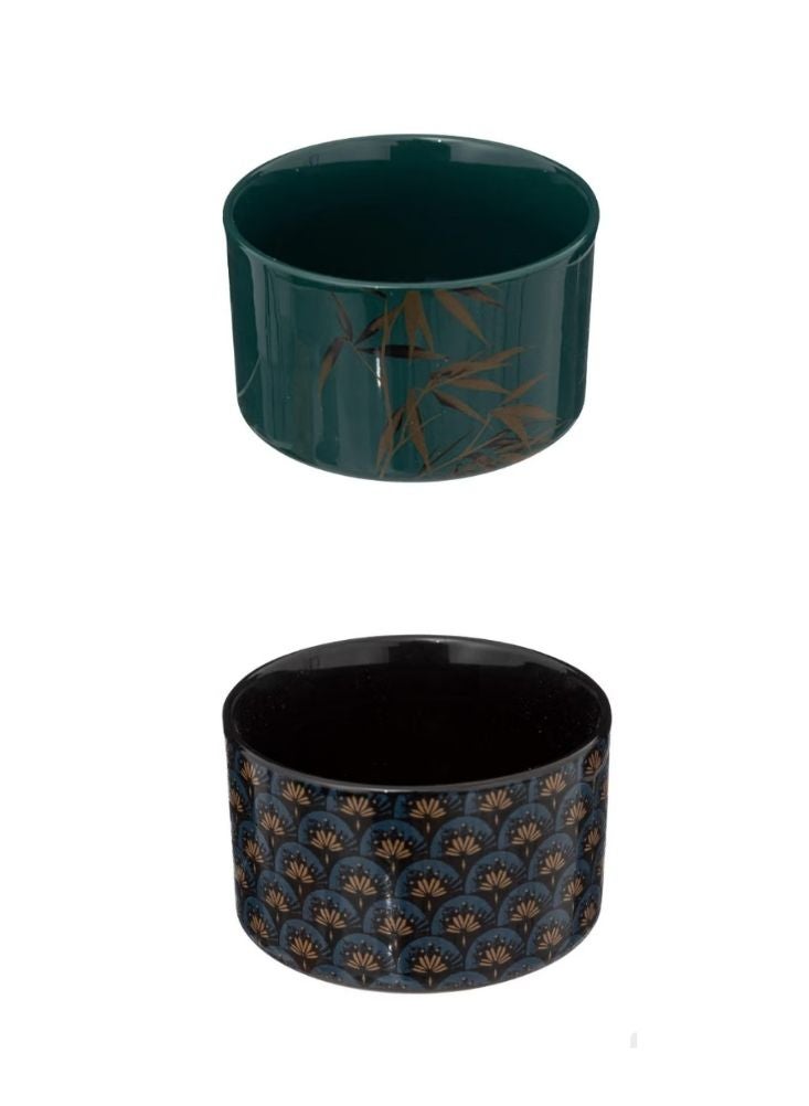Ceramic Green Black Bowl Set of 4 with Wooden Tray - Image 2