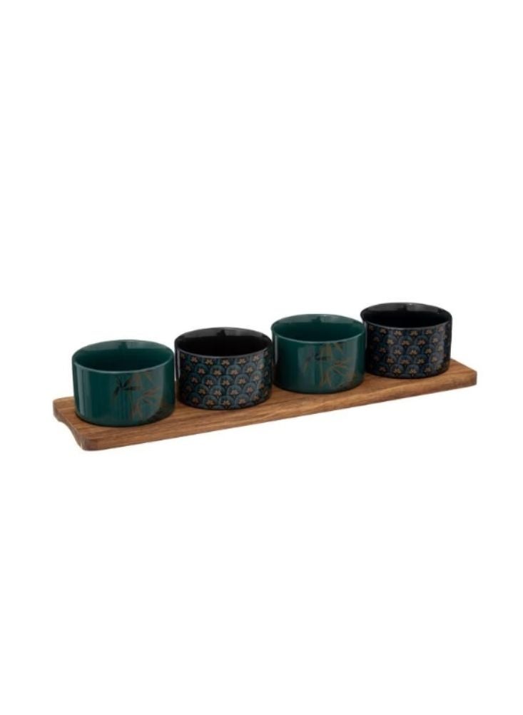 Ceramic Green Black Bowl Set of 4 with Wooden Tray - Image 1