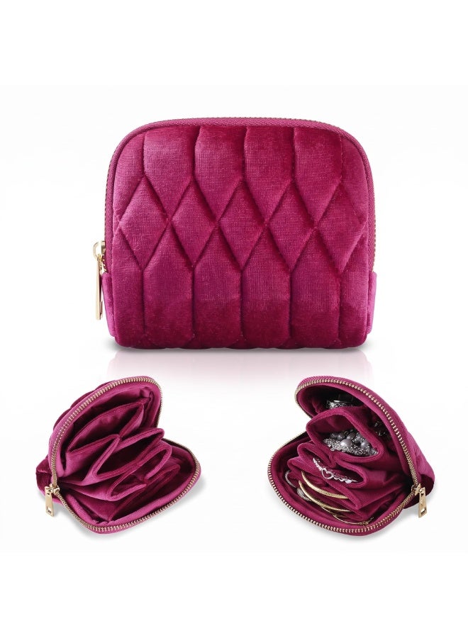 KUMANEKO Small Velvet Travel Jewelry Pouch with Zipper and Accordion Compartments, Burgundy - Image 1