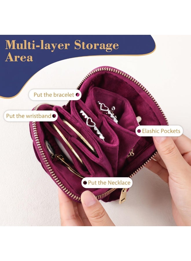 KUMANEKO Small Velvet Travel Jewelry Pouch with Zipper and Accordion Compartments, Burgundy - Image 5