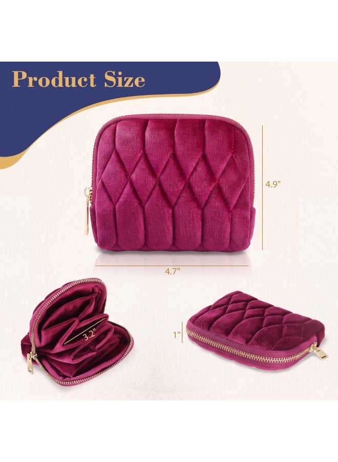 KUMANEKO Small Velvet Travel Jewelry Pouch with Zipper and Accordion Compartments, Burgundy - Image 3