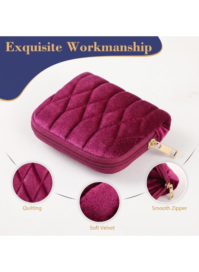 KUMANEKO Small Velvet Travel Jewelry Pouch with Zipper and Accordion Compartments, Burgundy - Image 2