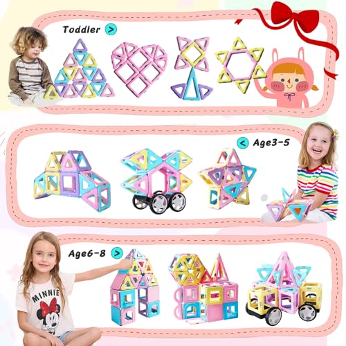 TOKBLOK Magnetic Tiles Toys for 3 4 5 6 Year Old Girls Boys 100Pcs Macaron Magnet Building Blocks Set for Toddler STEM Educational Toys for Kids Birthday Gifts Castle Car Set - Image 5