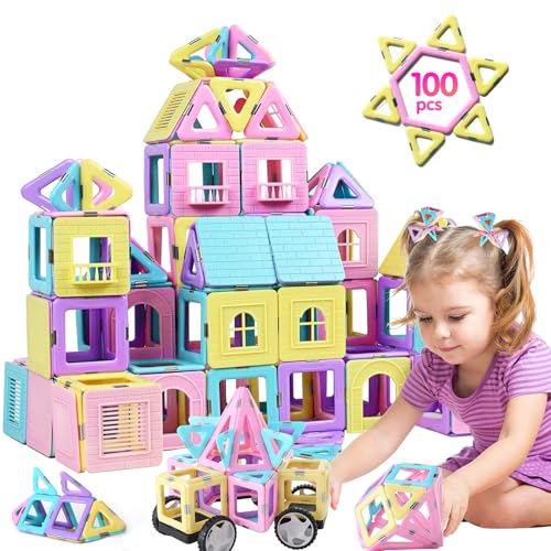 TOKBLOK Magnetic Tiles Toys for 3 4 5 6 Year Old Girls Boys 100Pcs Macaron Magnet Building Blocks Set for Toddler STEM Educational Toys for Kids Birthday Gifts Castle Car Set - Image 1