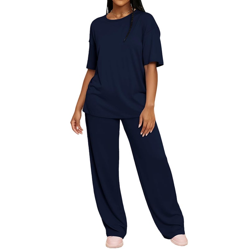 HBQ Women's 2 Piece Outfits Loose Fit Tops Wide Leg Pants Short Sleeve Lounge Matching Sets Sweatsuits-Navy Blue-M - Image 1