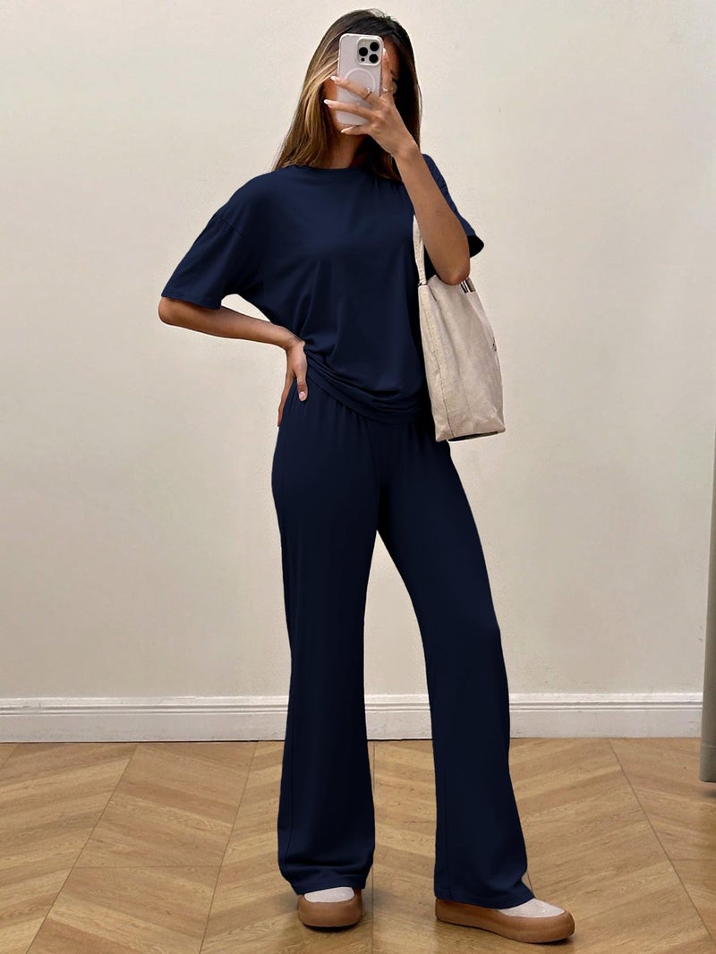 HBQ Women's 2 Piece Outfits Loose Fit Tops Wide Leg Pants Short Sleeve Lounge Matching Sets Sweatsuits-Navy Blue-M - Image 4