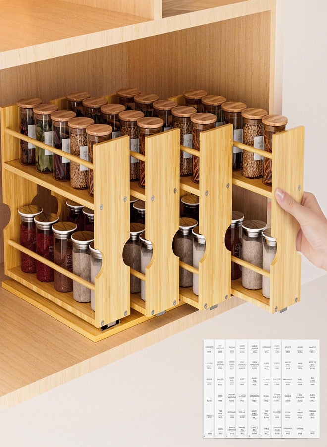 Jolitac Bamboo Pull Out Spice Rack for Cabinet, Slide Out Drawers, Space-Saving Seasoning Kitchen Pantry Sliding Vertical Organization, Easy to Install, 12.3" Wide, 4 Drawers(1.85" Wide), 2-Tier - Image 1