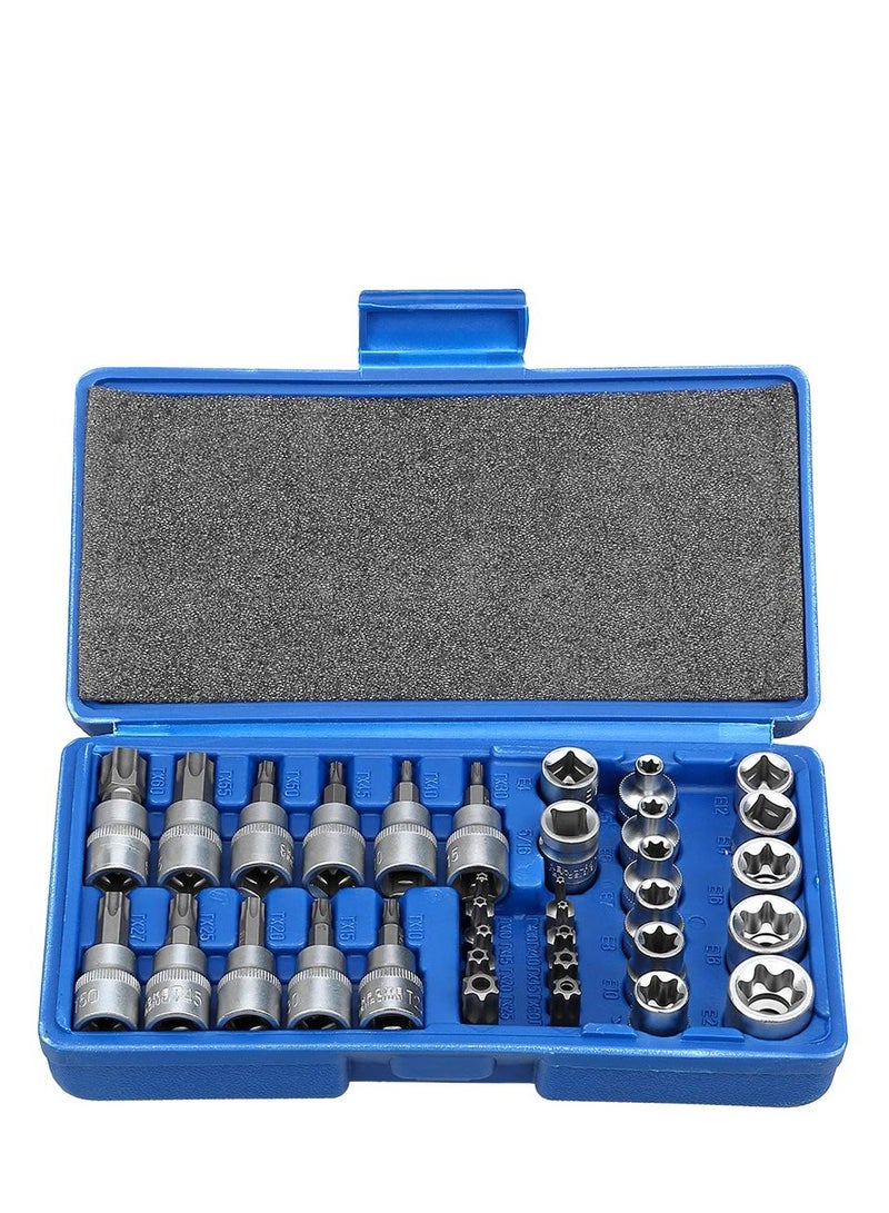 Generic Torx Star Socket Set, Male/Female, Hand Tool - 34 Pieces, Star Socket Set for Hand Use in Cars, Trucks, Machinery and Other Jobs with Storage Bag, Blue  - Image 1