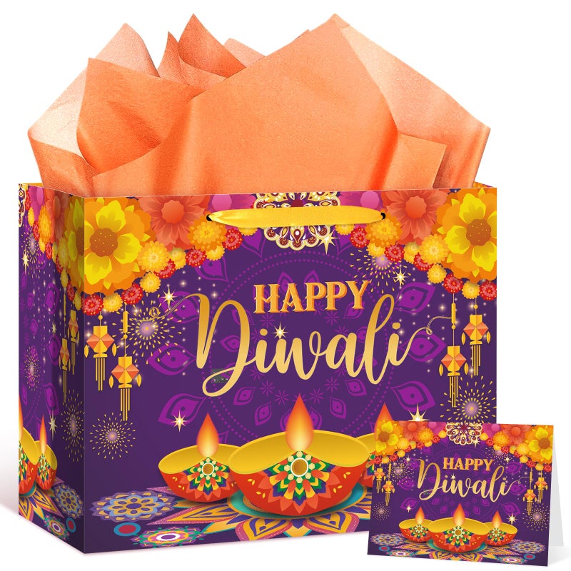 Woosytoo Happy Diwali Gift Bags Diwali Party Supplies Festival of Lights Favors Gift Bags with Wrapping Paper and Card Large Indian Diwali Wrapping Paper Bag Purple Candlelight Goodie Bags Deepavali Decoration - Image 2