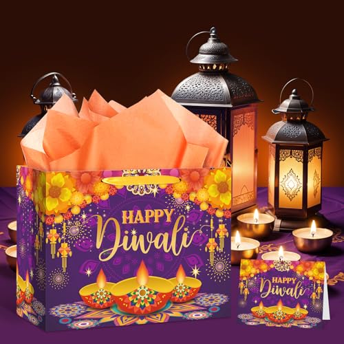 Woosytoo Happy Diwali Gift Bags Diwali Party Supplies Festival of Lights Favors Gift Bags with Wrapping Paper and Card Large Indian Diwali Wrapping Paper Bag Purple Candlelight Goodie Bags Deepavali Decoration - Image 3