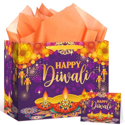 Woosytoo Happy Diwali Gift Bags Diwali Party Supplies Festival of Lights Favors Gift Bags with Wrapping Paper and Card Large Indian Diwali Wrapping Paper Bag Purple Candlelight Goodie Bags Deepavali Decoration - Image 1