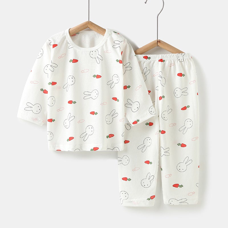 Babys Air-conditioning Suit Thin Long-sleeved Summer Cotton Mens Babys Home Clothes Summer Clothes Daughters Childrens Pajamas Summer Radish rabbit 