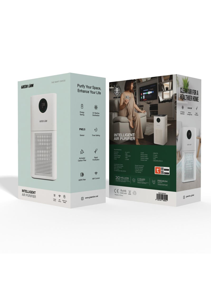 GREEN LION - Intelligent 3 Layer Air Purifier / UV Sterilize Disinfection / Activated Carbon Filter / OLED Touch Display / 4 Speed Control / PM2.5 Sensor / Timer Setting / HEPA Filter / WiFi Control - White - Image 1