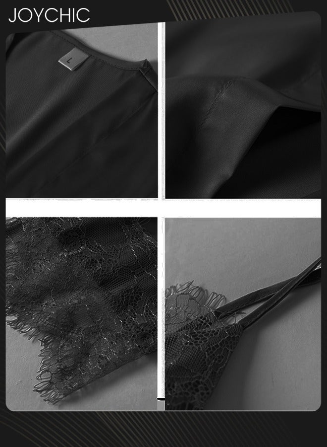 Joychic 5-Piece Spring and Autumn Winter Pyjama Set for Women Ice Silk Lace Comfortable and Breathable  V-neck Home Sleepwear Black - Image 2