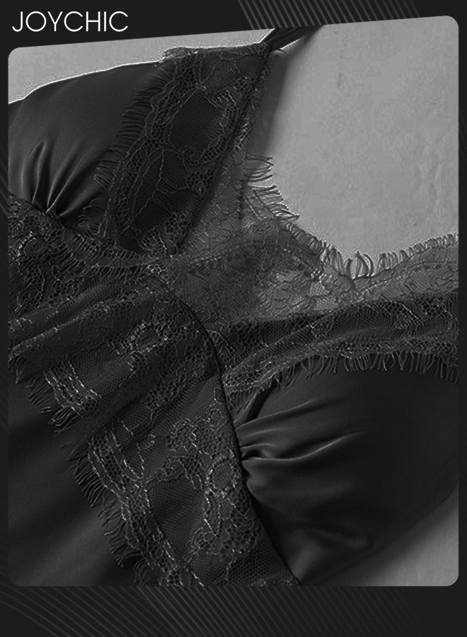 Joychic 5-Piece Spring and Autumn Winter Pyjama Set for Women Ice Silk Lace Comfortable and Breathable  V-neck Home Sleepwear Black - Image 3