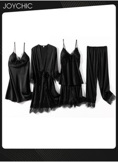Joychic 5-Piece Spring and Autumn Winter Pyjama Set for Women Ice Silk Lace Comfortable and Breathable  V-neck Home Sleepwear Black  - Image 1