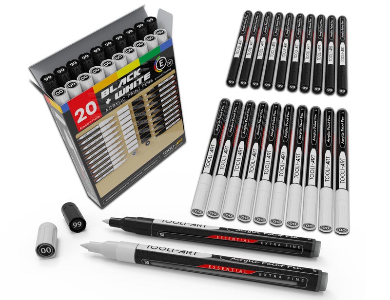 TOOLI-ART Black And White Acrylic Paint Markers Paint Pens Set For Rock Painting, Canvas, Mugs, Metal, Glass Paint, Fabric, Wood, DIY. Non Toxic, Quick Dry,Waterbas (EXTRA FINE) - Image 1