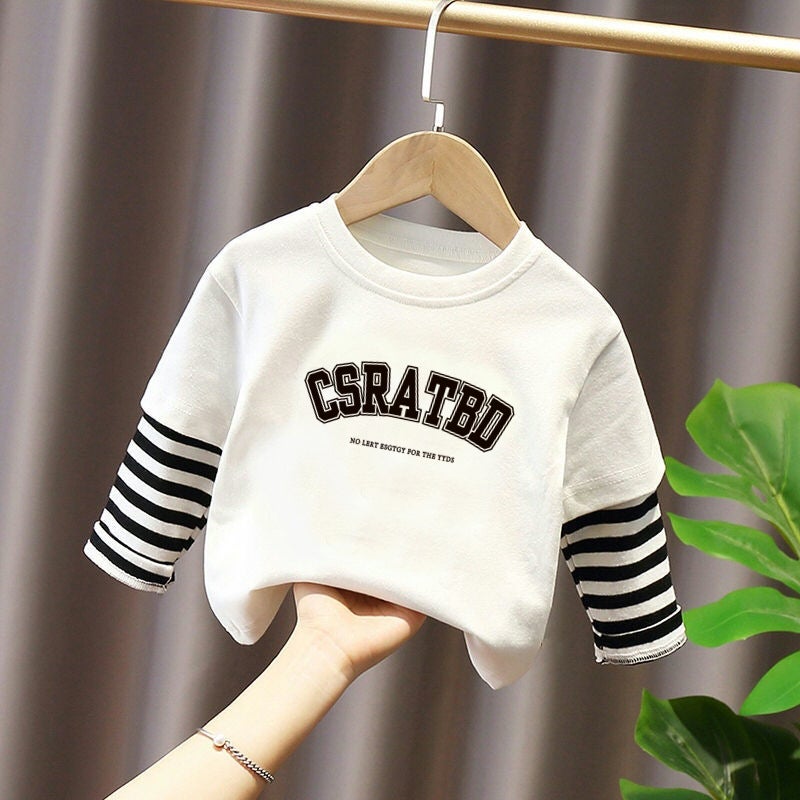 G2338# boys and girls t-shirt long sleeve spring and autumn cotton base shirt fake two-piece coat children's spring t-blood round neck - Image 2
