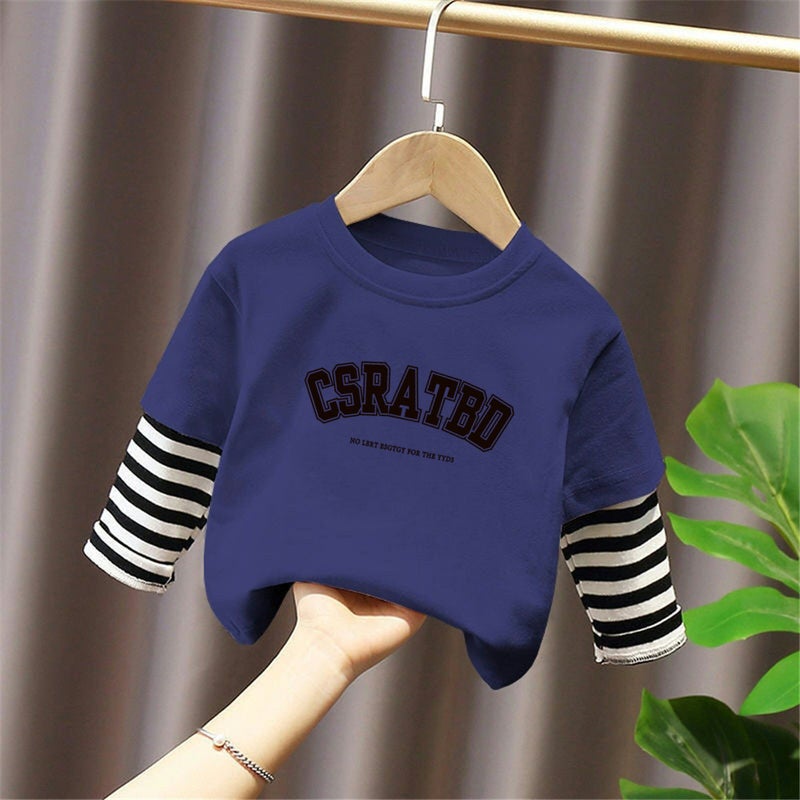 G2338# boys and girls t-shirt long sleeve spring and autumn cotton base shirt fake two-piece coat children's spring t-blood round neck - Image 1