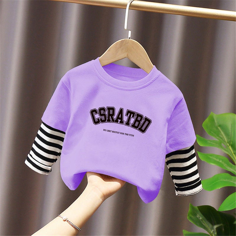 G2338# boys and girls t-shirt long sleeve spring and autumn cotton base shirt fake two-piece coat children's spring t-blood round neck - Image 5