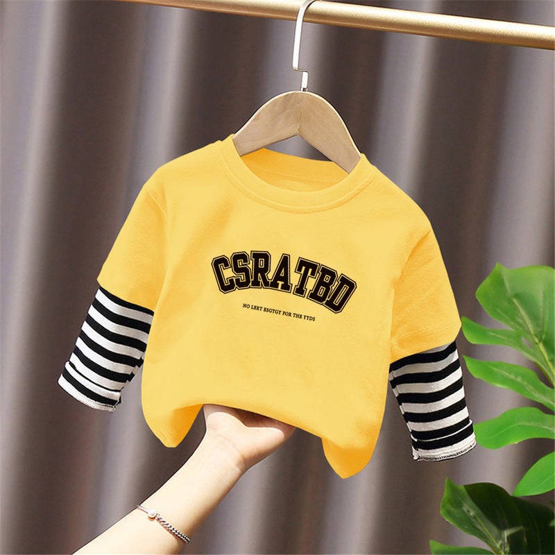 G2338# boys and girls t-shirt long sleeve spring and autumn cotton base shirt fake two-piece coat children's spring t-blood round neck - Image 4