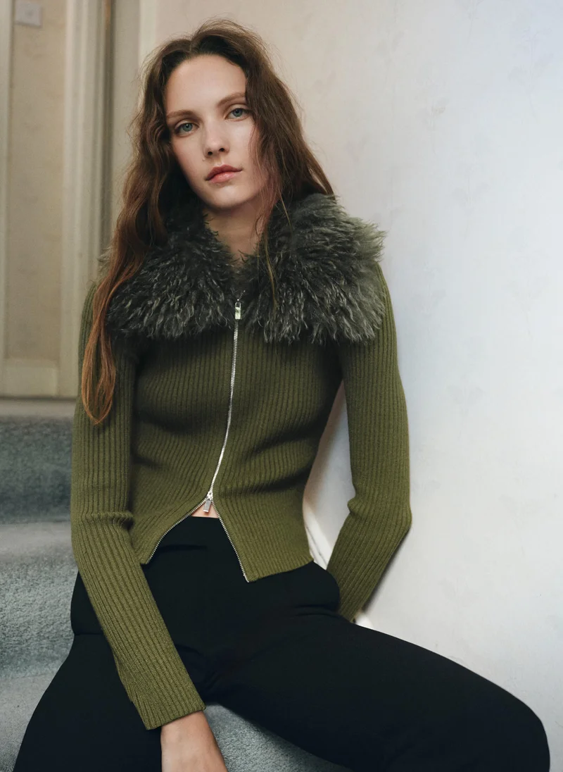 MANGO Combined zipper fur cardigan