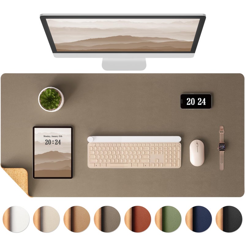 Aothia Dual-Sided Desk Mat - Leather & Cork Desk Protector, Large Mouse Pad & Writing Pad for Office/Home, Coffee (25.6"x13.7") - Image 1