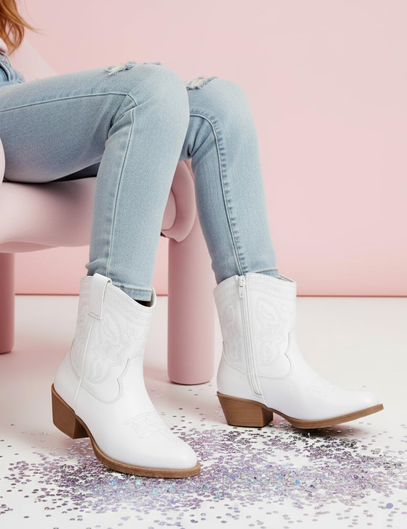 PATPAT Girls White Cowgirl Boots Size 12, Mid Calf Platform Horse Riding Shoes Embroidered Pointed Toe Cowboy Boots with Side Zipper - Image 2