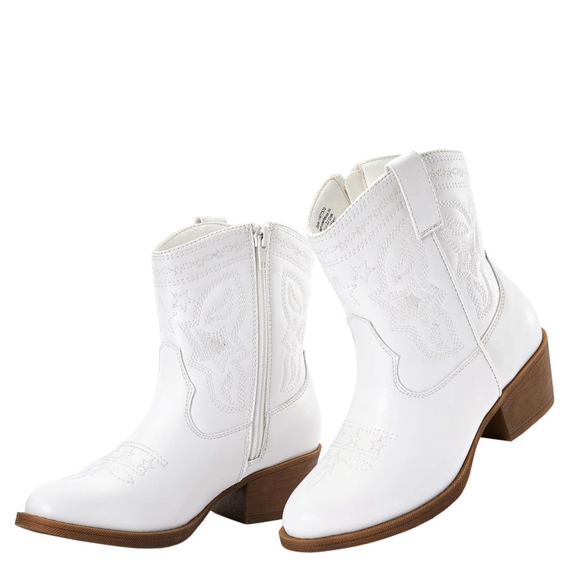 PATPAT Girls White Cowgirl Boots Size 12, Mid Calf Platform Horse Riding Shoes Embroidered Pointed Toe Cowboy Boots with Side Zipper - Image 1