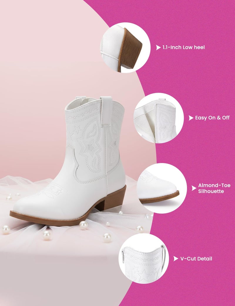 PATPAT Girls White Cowgirl Boots Size 12, Mid Calf Platform Horse Riding Shoes Embroidered Pointed Toe Cowboy Boots with Side Zipper - Image 4