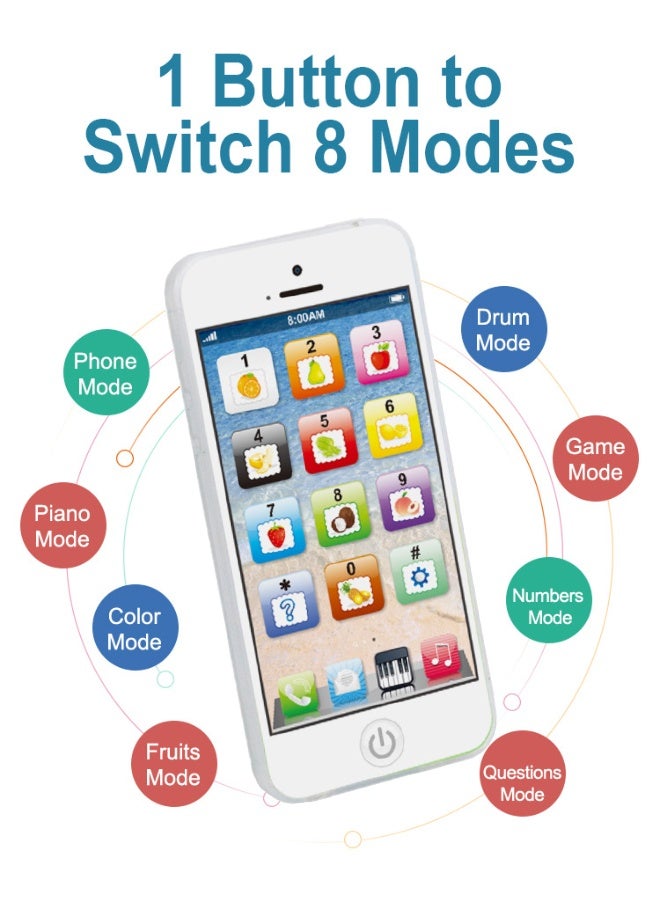 Toy Learning Play Cell Phone with 8 Modes and Dazzling Lights, Multi-Functional Learning Early Education Rechargeable IQ Phone Toy, Musical English Learning Interactive Toy for Boys and Girls 18 Months + (White) - Image 3