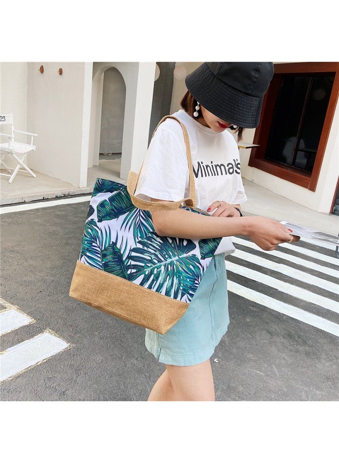 Fashion Canvas Bag Style National Style Artistic Women's Shoulder Bag Simple Tote Bag Large Capacity Women's Portable Shopping Bag-Color:Blue And Green Colorful - Image 4