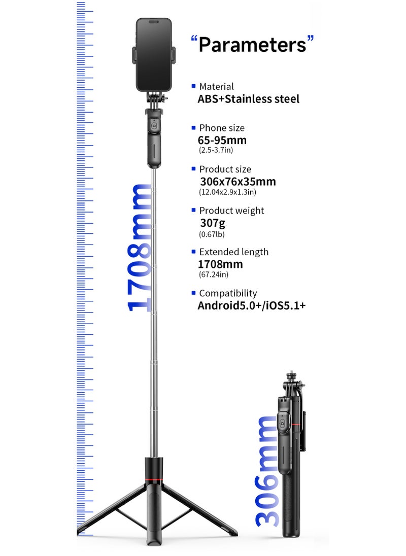 47.24 inches(1.708cm) Selfie Stick Tripod with Wireless Remote & Fill Light, 360° Rotatable Phone Holder, 3 Color Temperature LED, 8-Section Extendable Pole, Detachable Mount, Compatible with iPhone & Android