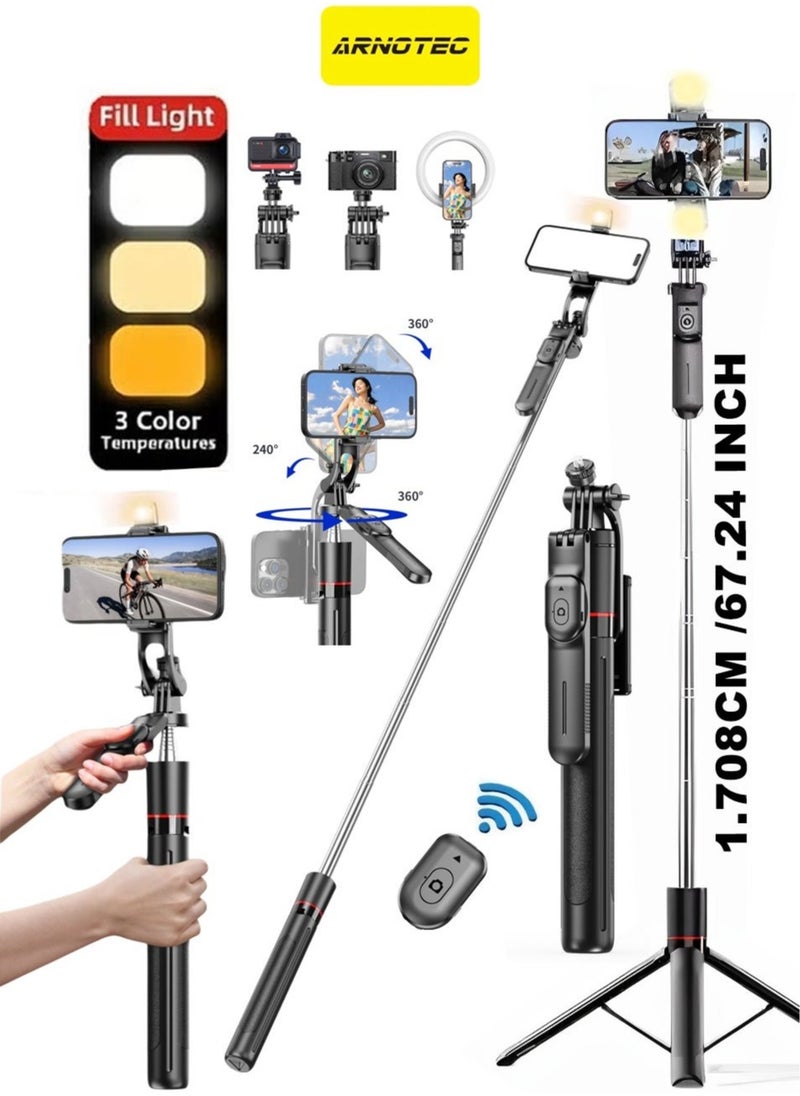 ARNOTEC 47.24 inches(1.708cm) Selfie Stick Tripod with Wireless Remote & Fill Light, 360° Rotatable Phone Holder, 3 Color Temperature LED, 8-Section Extendable Pole, Detachable Mount, Compatible with iPhone & Android  - Image 1