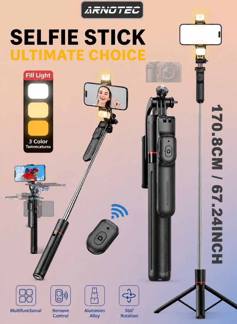 ARNOTEC 67.24 inches(170.8cm) Selfie Stick Tripod with Wireless Remote & Fill Light, 360° Rotatable Phone Holder, 3 Color Temperature LED, 8-Section Extendable Pole, Detachable Mount, Compatible with iPhone & Android - Image 1