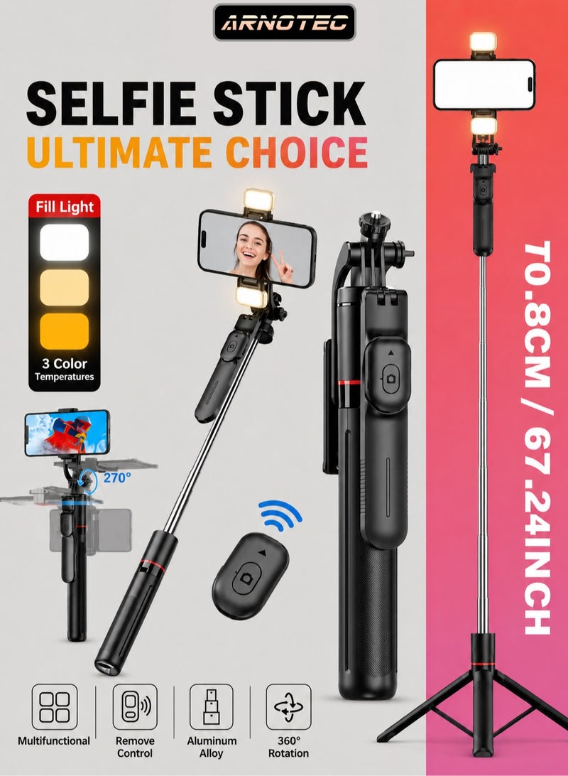 ARNOTEC 67.24 inches(170.8cm) Selfie Stick Tripod with Wireless Remote & Fill Light, 360° Rotatable Phone Holder, 3 Color Temperature LED, 8-Section Extendable Pole, Detachable Mount, Compatible with iPhone & Android - Image 1