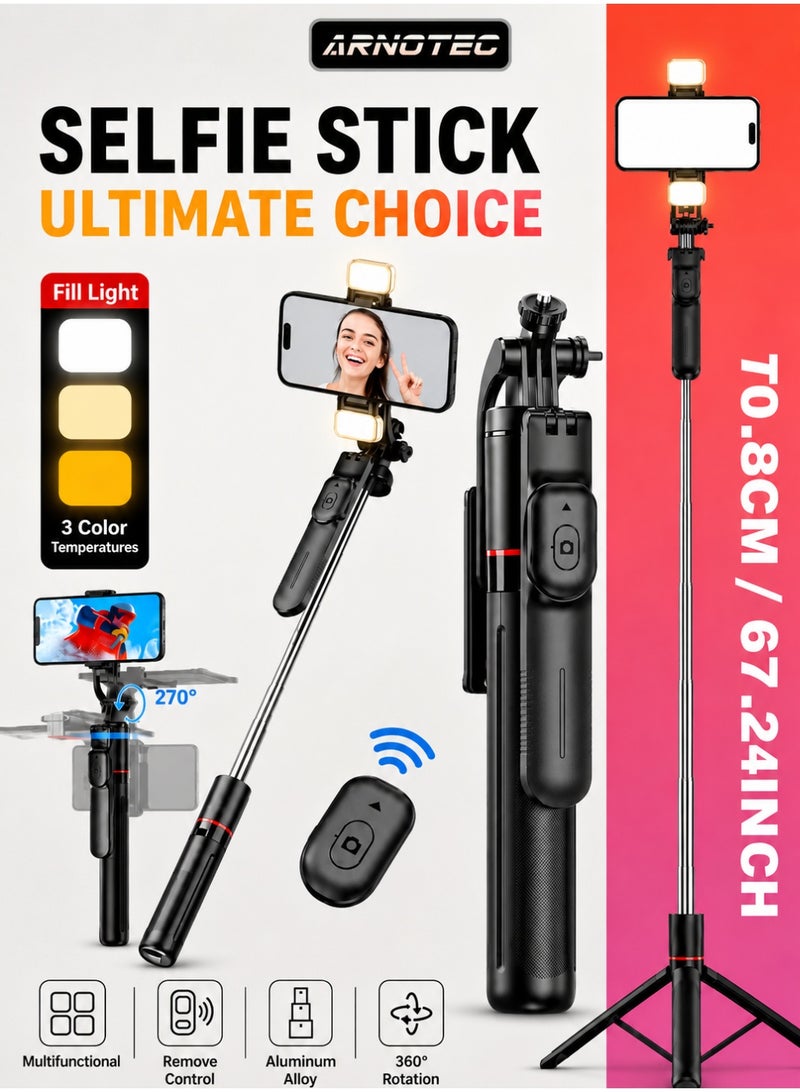ARNOTEC 67.24 inches(170.8cm) Selfie Stick Tripod with Wireless Remote & Fill Light, 360° Rotatable Phone Holder, 3 Color Temperature LED, 8-Section Extendable Pole, Detachable Mount, Compatible with iPhone & Android - Image 1