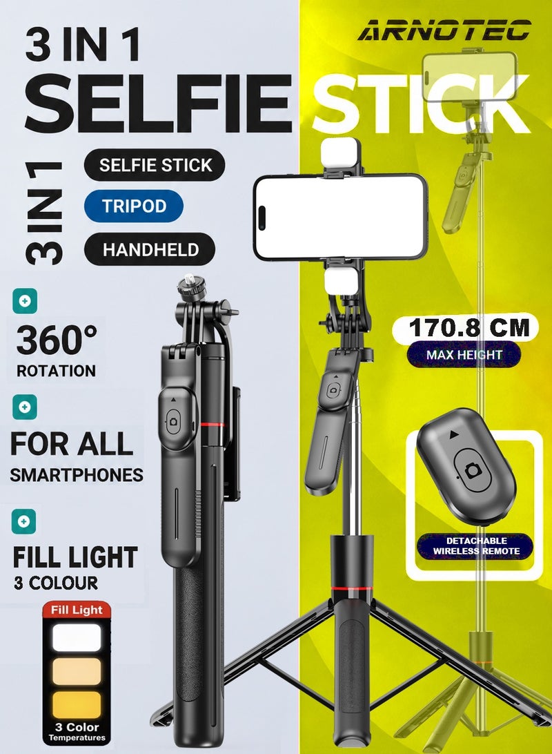 ARNOTEC 67.24 inches(170.8cm) Selfie Stick Tripod with Wireless Remote & Fill Light, 360° Rotatable Phone Holder, 3 Color Temperature LED, 8-Section Extendable Pole, Detachable Mount, Compatible with iPhone & Android - Image 1